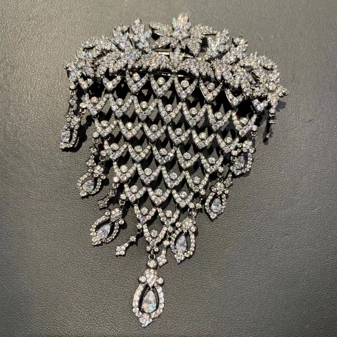 复古宫廷古董art deco 925纯银镶锆石胸针高档大衣外套装饰NLUU