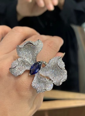 锆石蝴蝶戒指925纯银密镶41*28MM鸡尾酒会戒指可调节