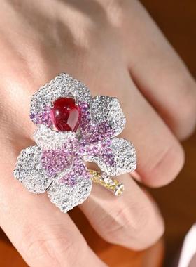 俏立 925纯银镶锆石花朵戒指 可调节戒圈 气质