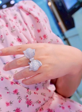 925纯银镶锆石蝴蝶结戒指可调节戒圈鸡尾酒食指戒