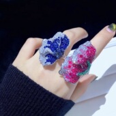 925纯银镶锆石花朵戒指 可调节戒圈 鸡尾酒会戒指 玫红色 宝蓝色