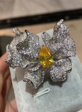 蝴蝶戒指双层可调节戒圈925纯银镶锆石高档气质名媛