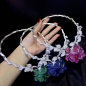 925纯银镶嵌锆石花朵项圈项链新娘项链晚宴晚会款 红色绿色蓝色