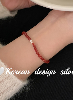 韩国小众设计简约ins风手工饰品S925纯银 红玛瑙手链 叠戴高级感