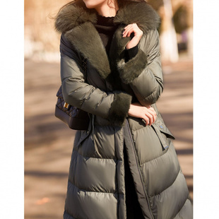 狐狸+水貂毛领高端95白鹅绒羽绒服女款 抽绳收腰女装中长款平湖冬