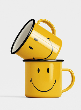 英国Suck UK 黄色笑脸搪瓷咖啡杯 复古金属露营杯水杯饮料杯 礼物