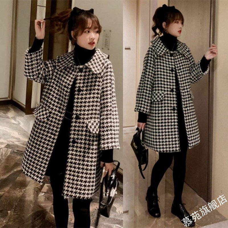 大码mm千鸟格呢子大衣女冬中长款加棉加厚翻领时尚毛呢外套200斤