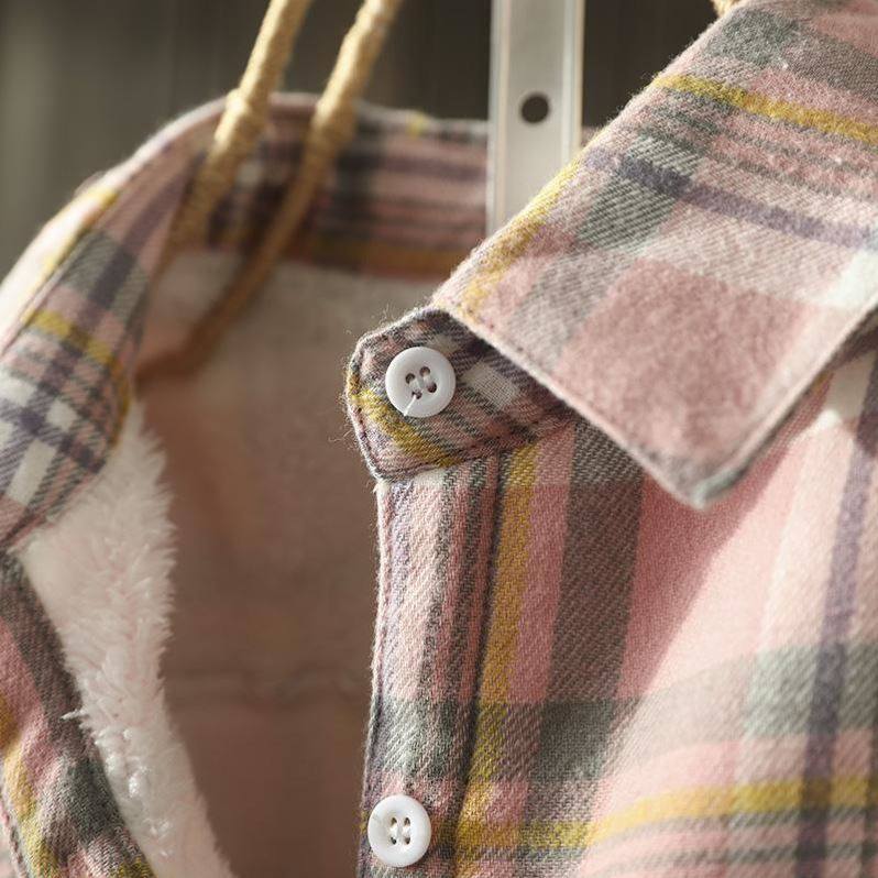 新款文艺加绒衬衫加厚保暖打底衫条纹长袖格子宽松