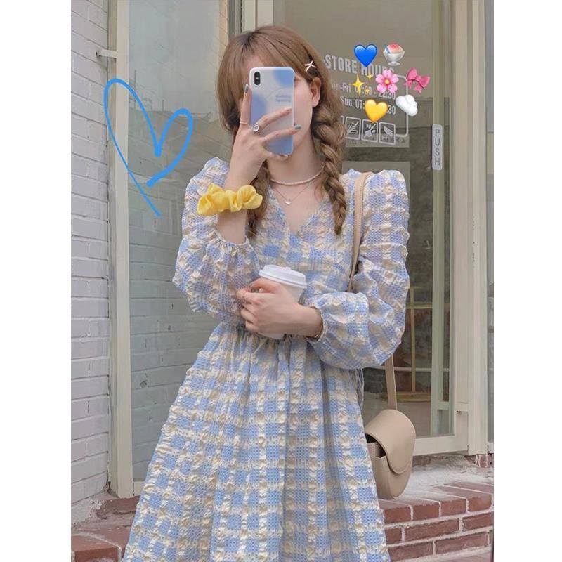 法式甜美泡泡袖连衣裙百搭复古格子文艺