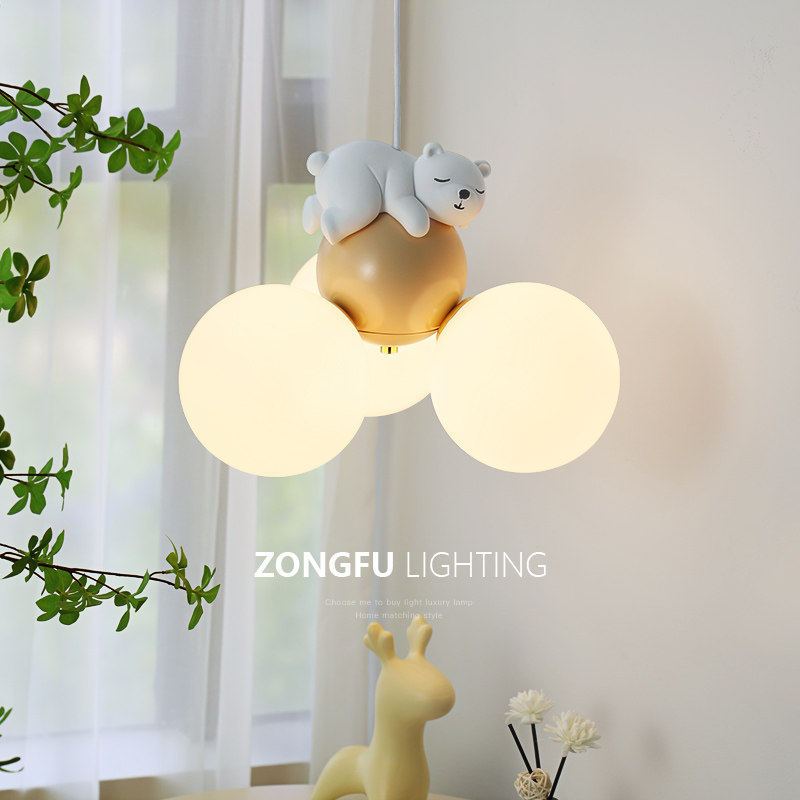 奶油风卧室吊灯卡通气球儿童房间灯侘寂风创意小熊温馨护眼次卧灯