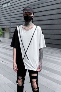 夏季黑白撞色男士短袖T恤宽松休闲圆领套头半袖上衣潮牌 T689 P75图片