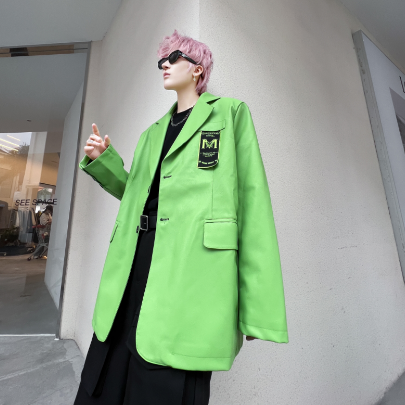 秋冬小西装男士宽松潮流ins荧光绿休闲PU皮西服外套XF19P125,男装西服套装,星座101A-3