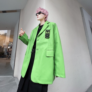 秋冬小西装男士宽松潮流ins荧光绿休闲PU皮西服外套 XF19 P125图片