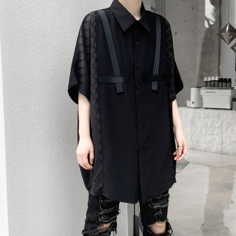 2025夏季新款格纹拼接衬衫男潮流休闲宽松短袖格子衬衣C258P75,男装T恤,星座101A-3