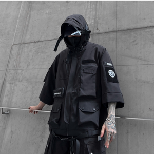 秋冬男暗黑纯色夹克机能风宽松工装潮牌连帽七分袖外套 W357 P185图片