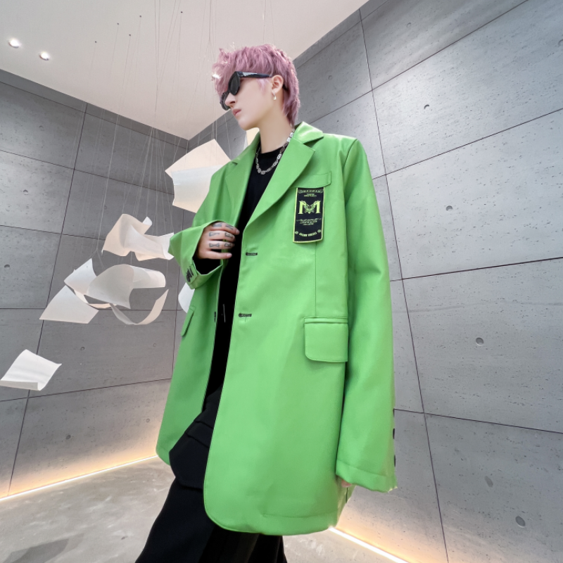 秋冬小西装男士宽松潮流ins荧光绿休闲PU皮西服外套XF19P125,男装西服套装,星座101A-3