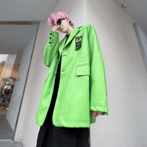 秋冬小西装男宽松潮流炸街帅气荧光绿休闲PU皮西服外套 XF19 P125图片