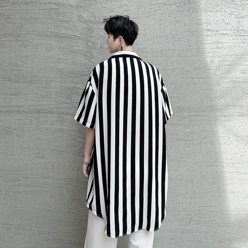 夏季短袖衬衫男条纹潮流宽松帅气冰丝垂感发型师潮搭衬衣C233P65,男装T恤,星座101A-3