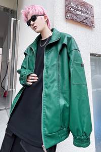 秋冬仿皮夹克男潮流炸街帅气宽松青春纯色休闲皮衣外套 W328 P135图片