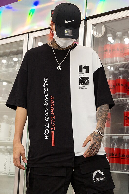 夏季男士新款T黑白拼色时尚个性印花潮男士五分袖T恤T413P55,男装T恤,星座101A-3