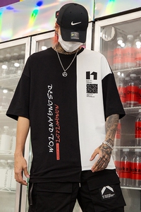夏季男士新款T黑白拼色时尚个性印花潮男士五分袖T恤 T413 P55图片