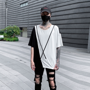 夏季黑白撞色男士短袖T恤宽松休闲圆领套头半袖上衣潮牌 T689 P75图片