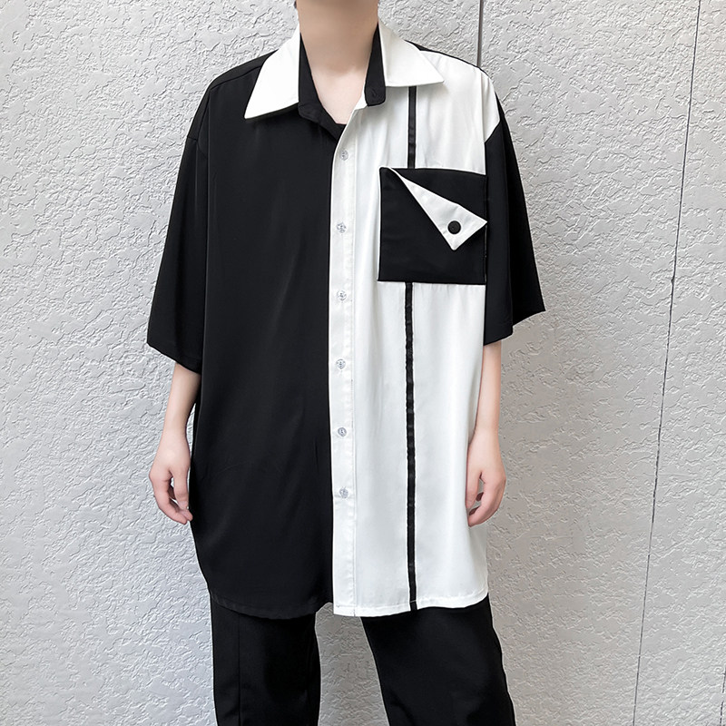 夏季新款男士宽松衬衫潮流黑白拼色半袖衬衣外穿C266P85,男装T恤,星座101A-3