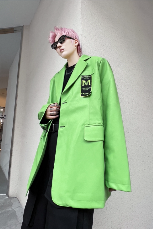 秋冬小西装男宽松潮流炸街帅气荧光绿休闲PU皮西服外套XF19P125,男装西服套装,星座101A-3