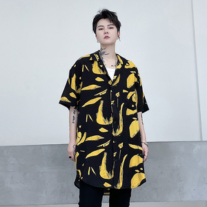 春夏季短袖衬衫男印花炸街潮流宽松青春发型师潮搭衬衣 C235 P65图片