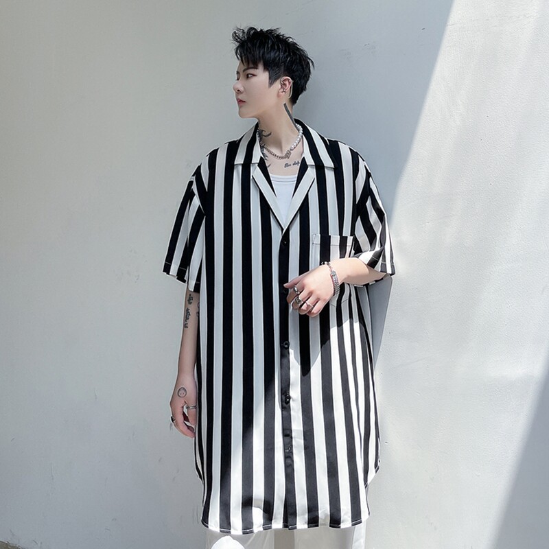 夏季短袖衬衫男条纹潮流宽松帅气冰丝垂感发型师潮搭衬衣C233P65,男装T恤,星座101A-3