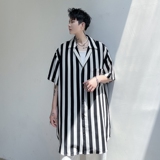 夏季短袖衬衫男条纹潮流宽松帅气冰丝垂感发型师潮搭衬衣C233P65，男装T恤，星座101A-3