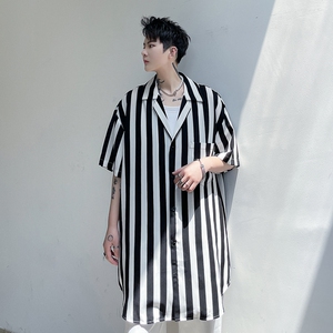 夏季短袖衬衫男条纹潮流宽松帅气冰丝垂感发型师潮搭衬衣C233P65图片