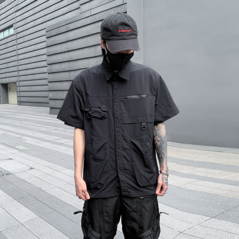 夏季男士机能工装多口袋短袖衬衫宽松纯色青年衬衣潮牌 C301 P115图片