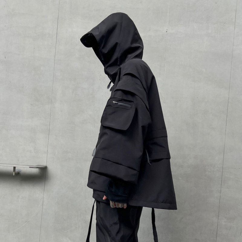 秋冬男暗黑纯色夹克机能风宽松工装潮牌连帽七分袖外套W370P185,男装夹克,星座101A-3