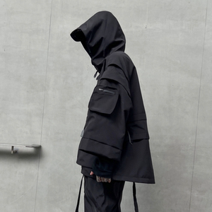 秋冬男暗黑纯色夹克机能风宽松工装潮牌连帽七分袖外套 W370 P185图片