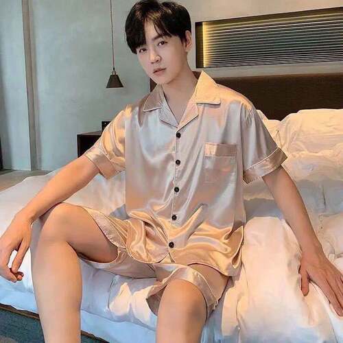 高级香槟冰丝睡衣男士夏薄款开衫短袖短裤青年家居服套装仿真丝绸