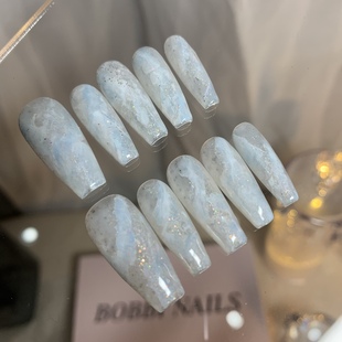 BOBBINAILS手工定制乳白蓝色晕染闪闪多层次夏日可拆卸穿戴甲