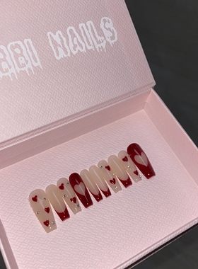 BOBBINAILS手绘红色法式镂空爱心可拆卸穿戴甲成品手工制作