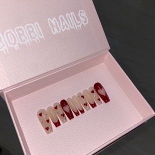 BOBBINAILS手绘红色法式 镂空爱心可拆卸穿戴甲成品手工制作
