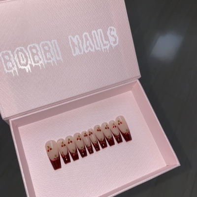 BOBBINAILS欧美显白手绘酒红法式樱桃手工制作可拆卸穿戴甲