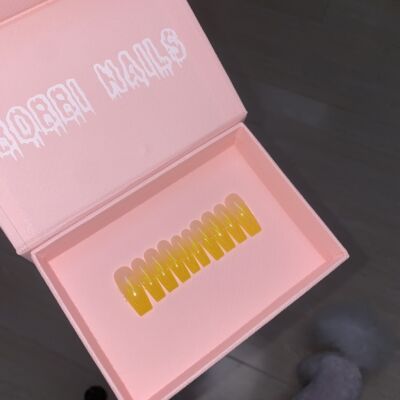 BOBBINAILS欧美加长方荧光黄渐变手绘镂空火焰辣妹可拆卸穿戴甲