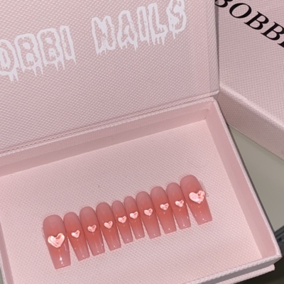 BOBBINAILS夏日蜜桃粉橘腮红爱心可拆卸穿戴甲成品