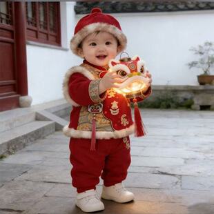 中国风宝宝新年套装冬季加厚分体套装婴儿拜年服红色喜庆男女通用