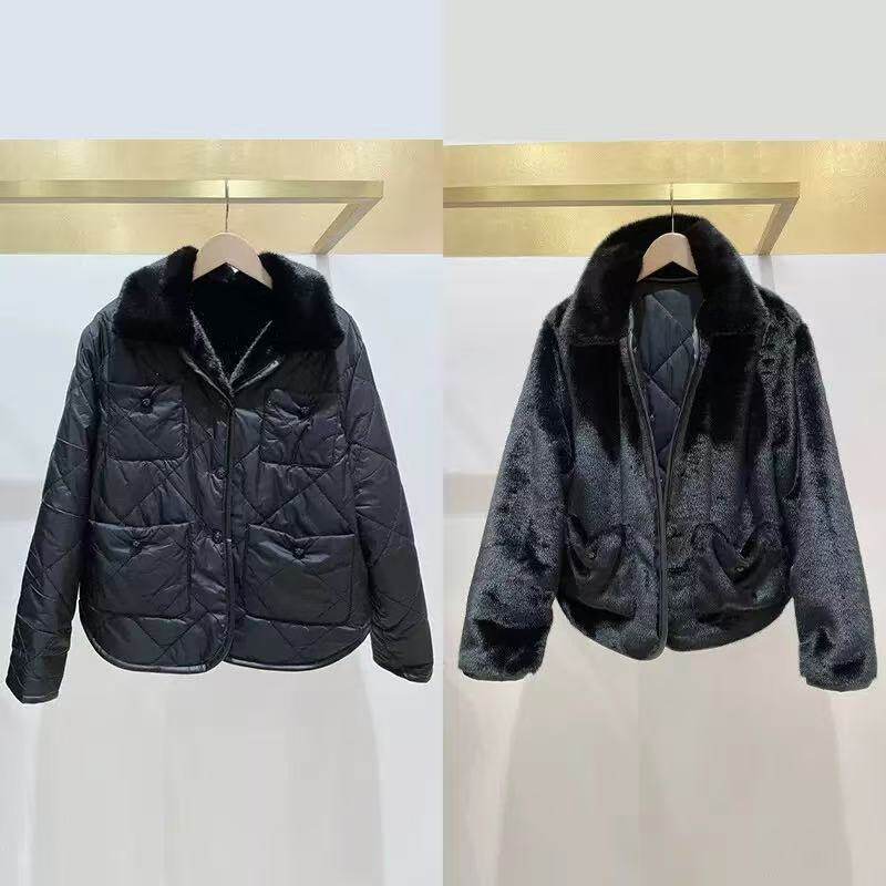 法式小众2025秋冬亮片绣珠菱格双面穿黑色毛毛保暖棉服外套