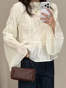 法式小众26春夏新款复古宫廷风苎麻拼接喇叭袖衬衫女设计感上衣