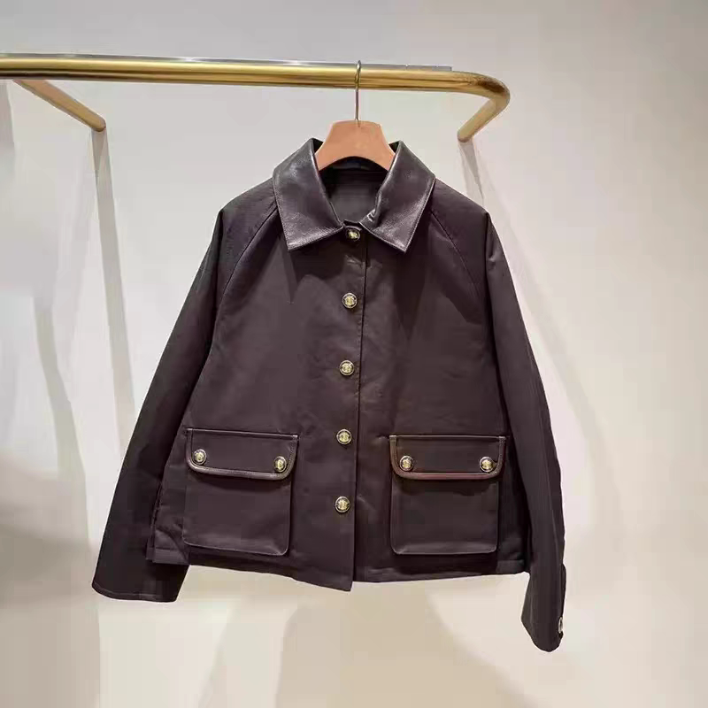 法式小众25秋冬菱格夹棉皮领拼接工装风夹克棉衣外套女