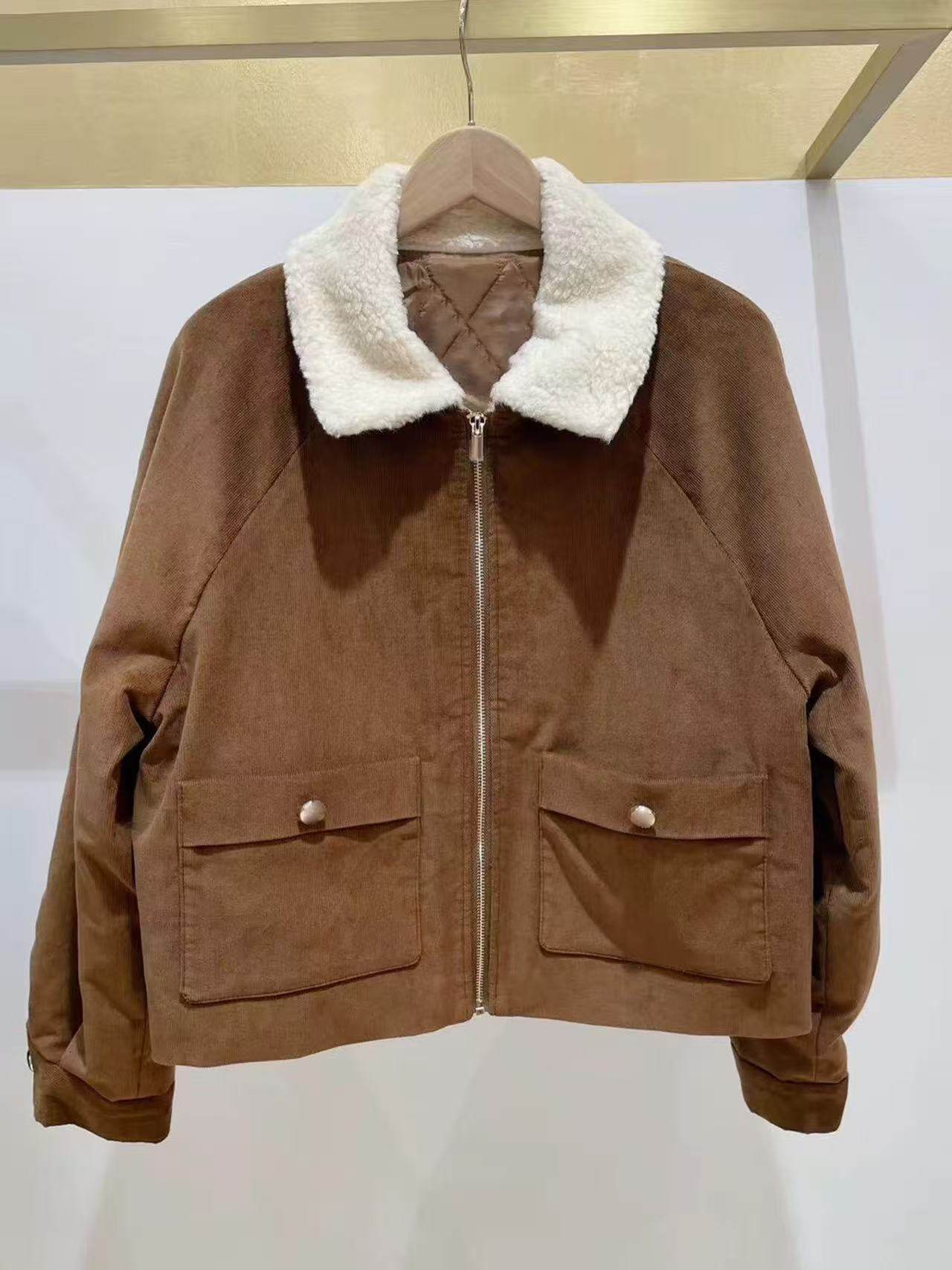 法式小众2025秋冬美拉德系拼色毛领拉链夹克短款夹棉外套