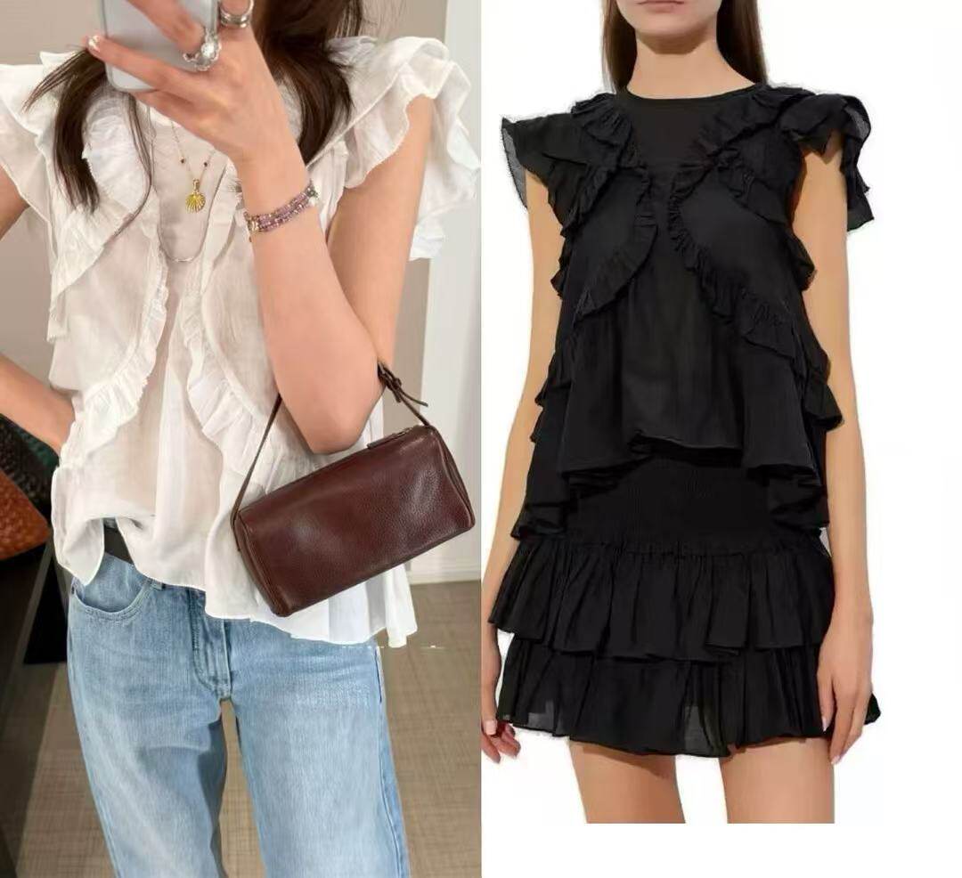 法式甜美26春夏新款荷叶边拼接背心圆领小飞袖宽松休闲上衣