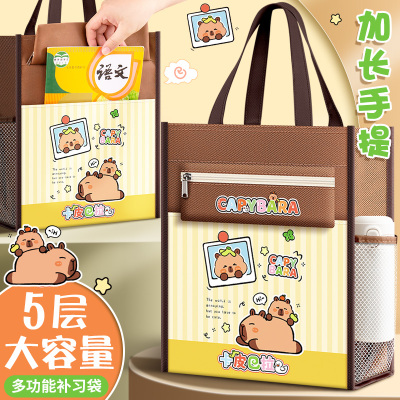 卡皮巴拉补习手提袋拎书袋小学生用帆布袋男女孩补习班作业美术袋大容量拉链式防水文件收纳袋儿童学习补课包