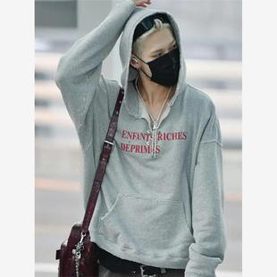 SEVENTEEN金珉奎西村力明星同款潮牌标语别针连帽卫衣灰色外套秋